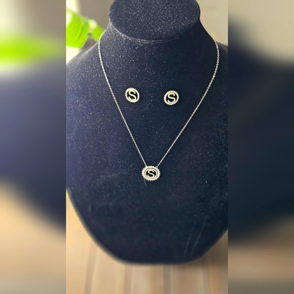 Initial "S" Rhinestone Necklace and Earrings Set - Picture 1 of 4